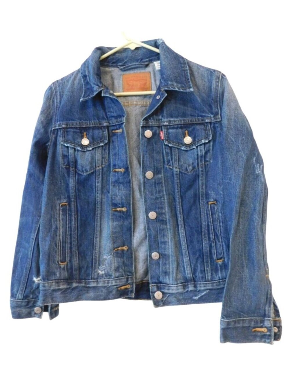 Levi's Trucker Denim Jacket Womens S Blue Distressed Faded Vintage Wash Classic